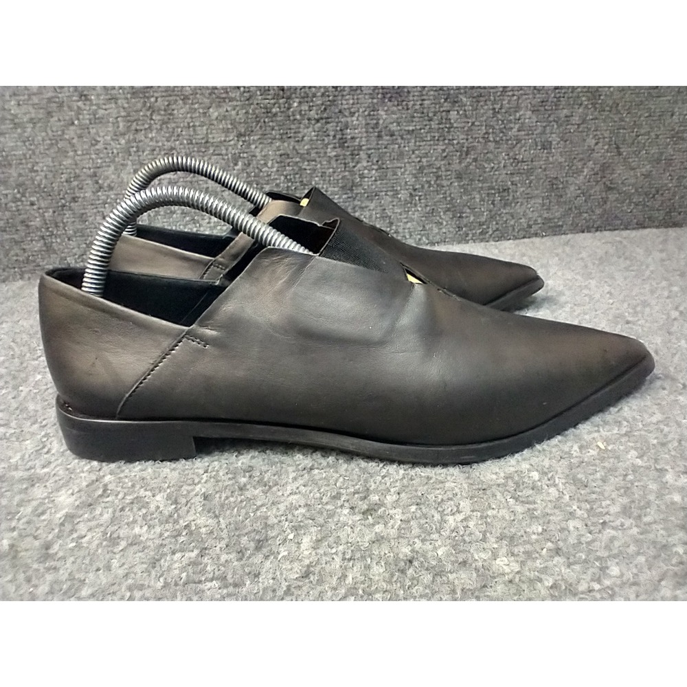 Zara‎ Woman Black Leather Pointed Toe V-Cut Flat Loafers 5321/101/040 Size 40